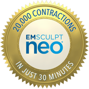 Gold and white Emsculpt NEO badge showing 20,000 contractions in just 30 minutes.
