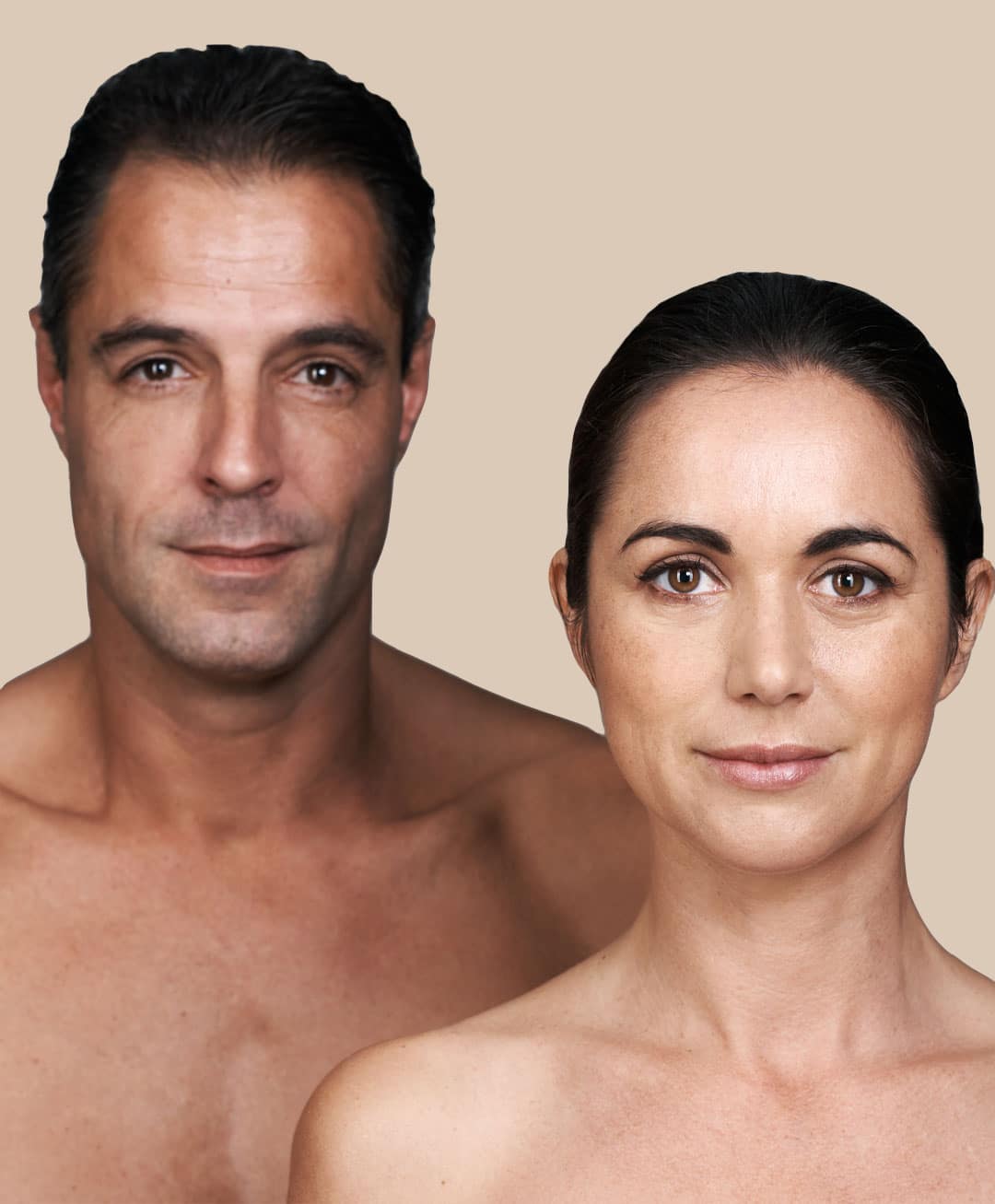 A middle-aged man and woman with firm and smooth skin complexion pose together.