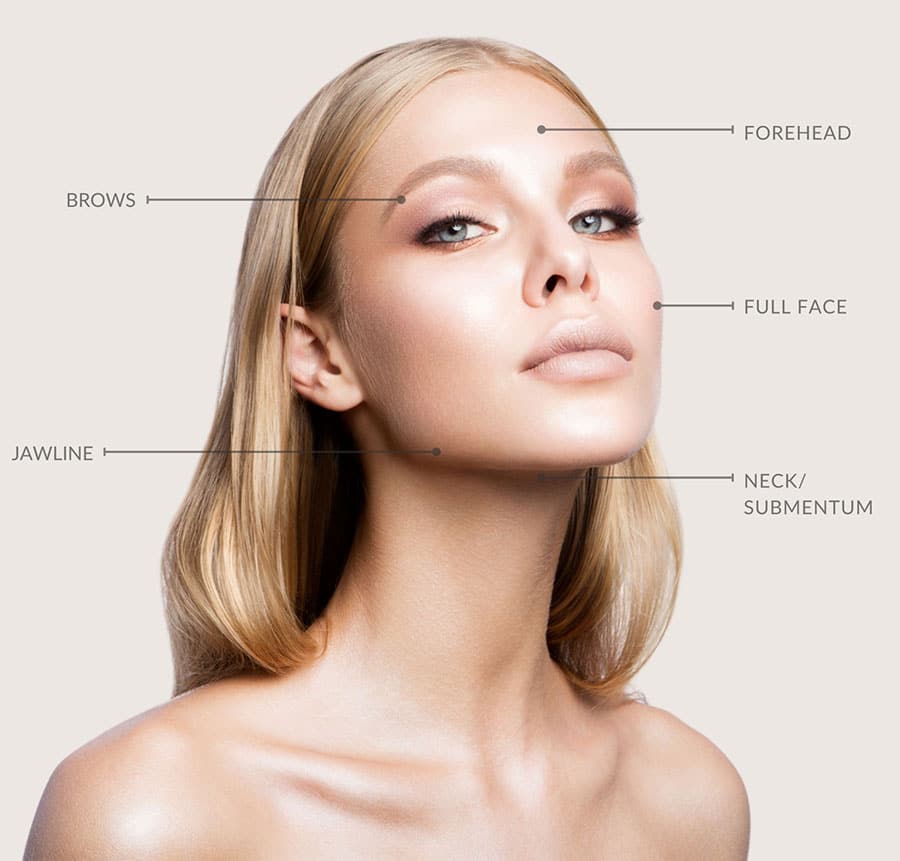 Woman with lifted and smooth skin looking sultry and demonstrating the treatable areas with EMface non-invasive facelift.