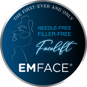 EMface badge showing the first ever and only needle-free and filler-free facelift.