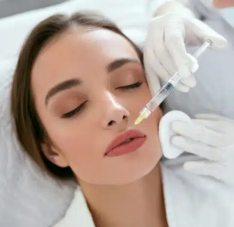 A woman receiving lip filler, a service offered at Emana Medical in Beverly Hills, CA.